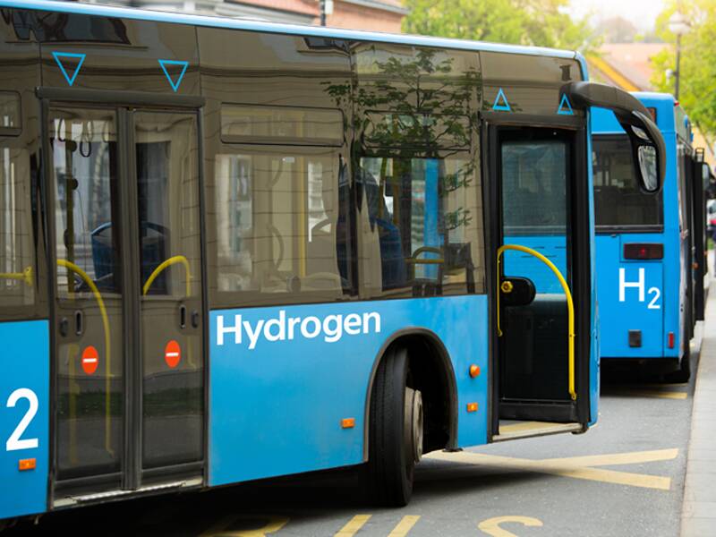 Two blue hydrogen-powered buses on a city street.