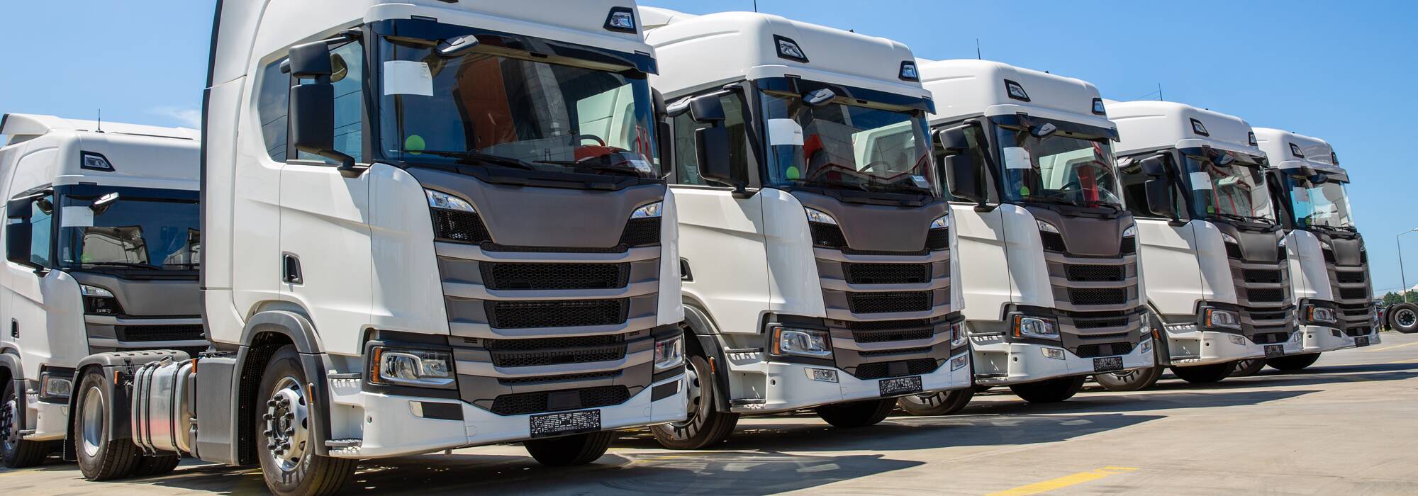A fleet of hydrogen-powered trucks lined-up in a parking lot.